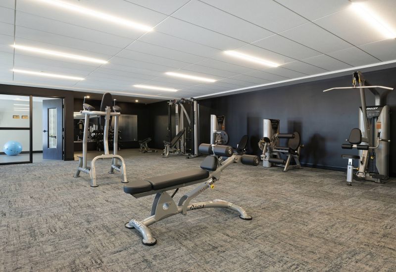 Modern gym with various exercise machines, weight benches, and gray carpeted floor in a spacious, well-lit room.