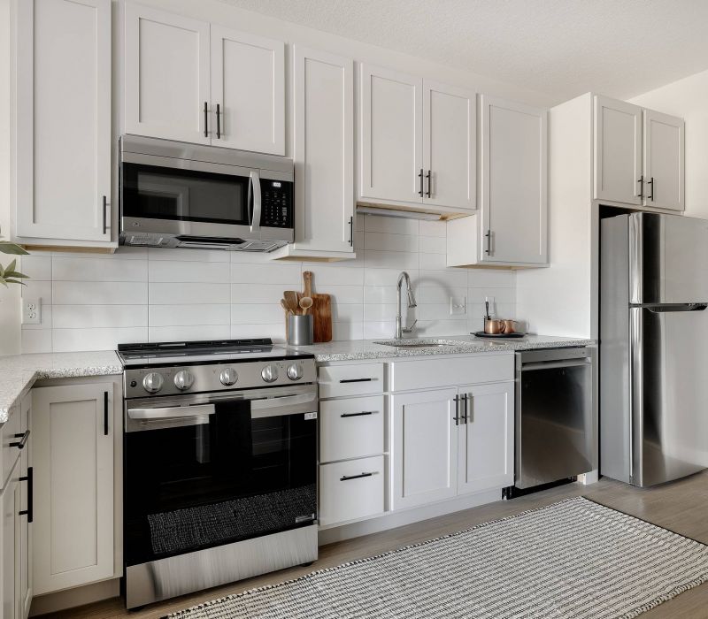 Modern kitchen with white cabinets, stainless steel appliances, and a gray patterned rug on the floor.